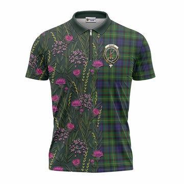 Rollo Family Crest Tartan Zipper Polo Shirt Scottish Thistle Flower Pattern Half Style