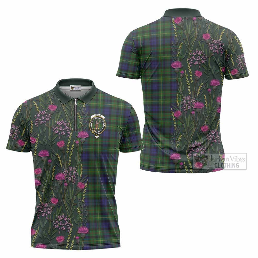 Rollo Family Crest Tartan Zipper Polo Shirt Scottish Thistle Flower Pattern Half Style - Tartan Vibes Clothing
