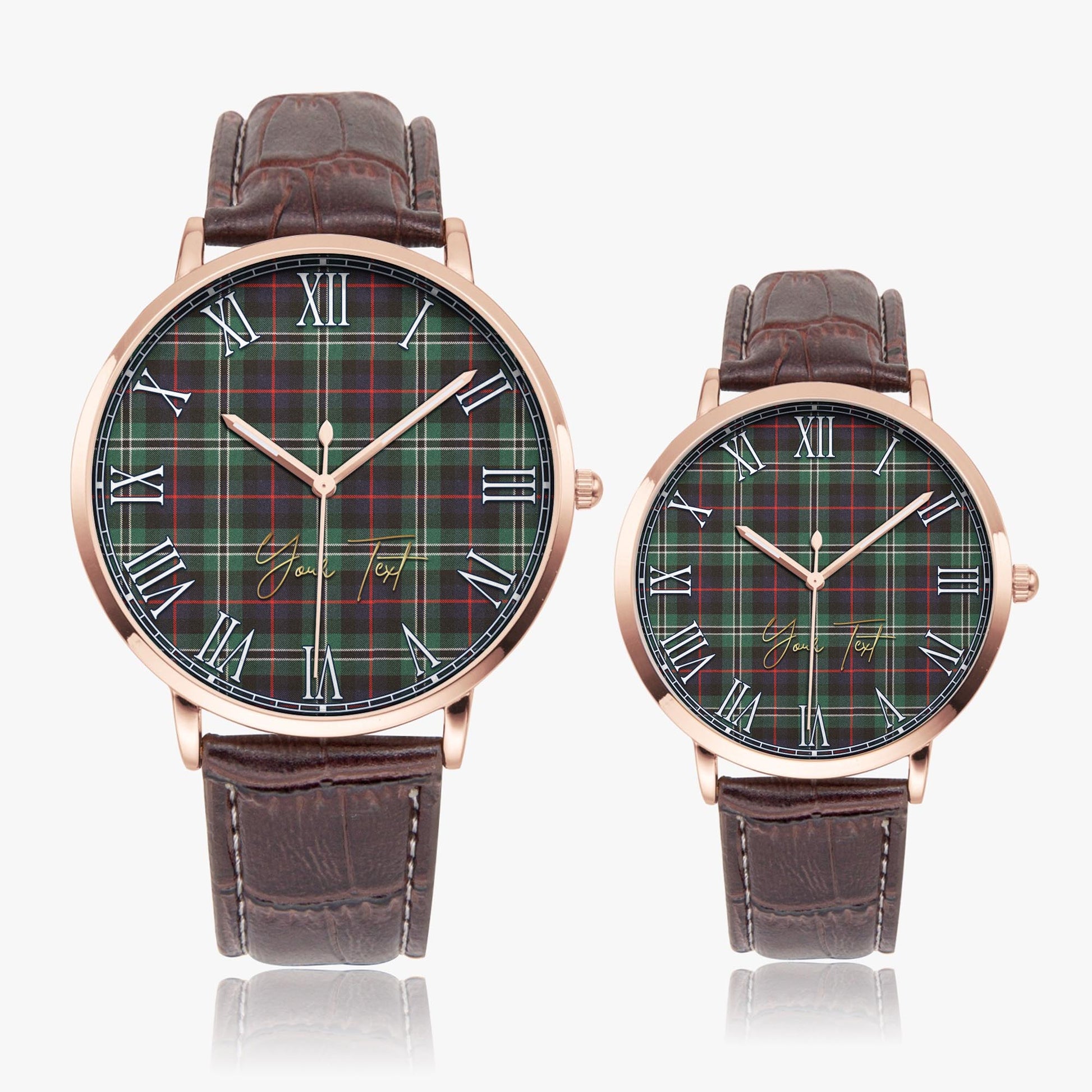 Rollo Hunting Tartan Personalized Your Text Leather Trap Quartz Watch Ultra Thin Rose Gold Case With Brown Leather Strap - Tartanvibesclothing