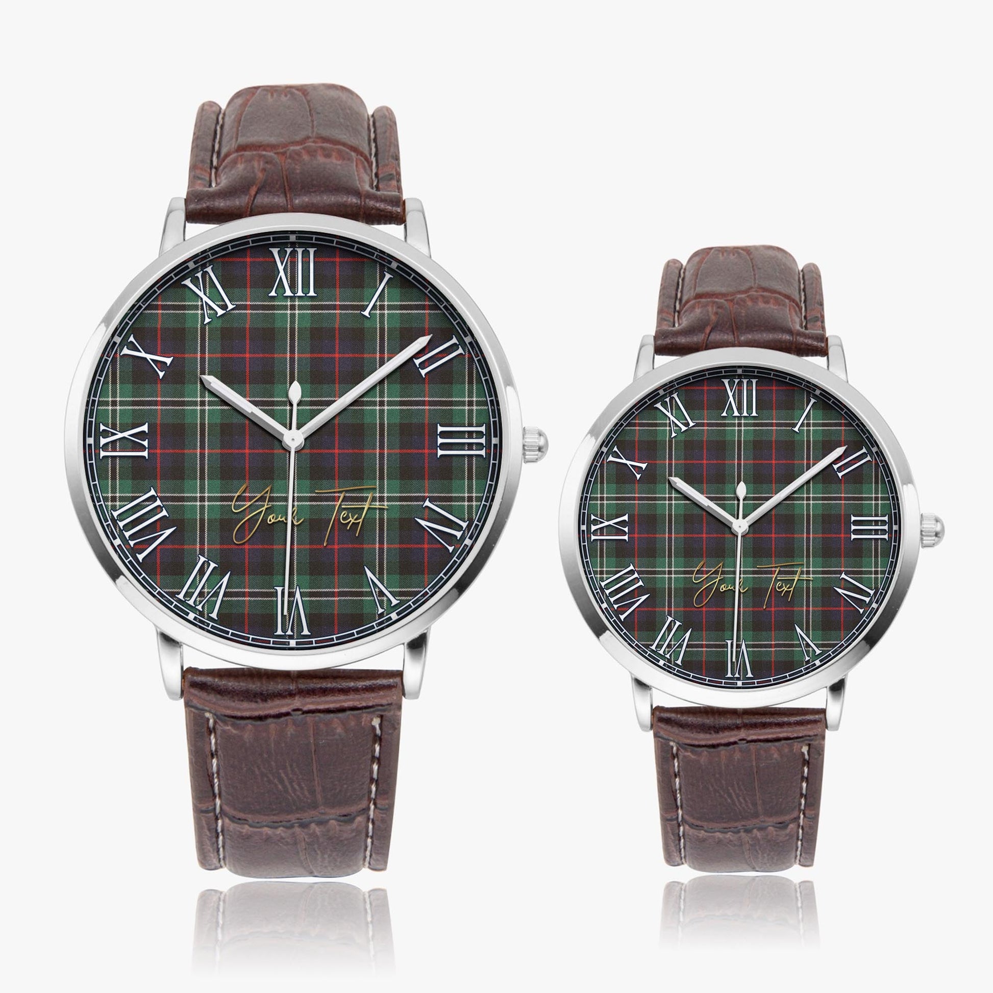 Rollo Hunting Tartan Personalized Your Text Leather Trap Quartz Watch Ultra Thin Silver Case With Brown Leather Strap - Tartanvibesclothing
