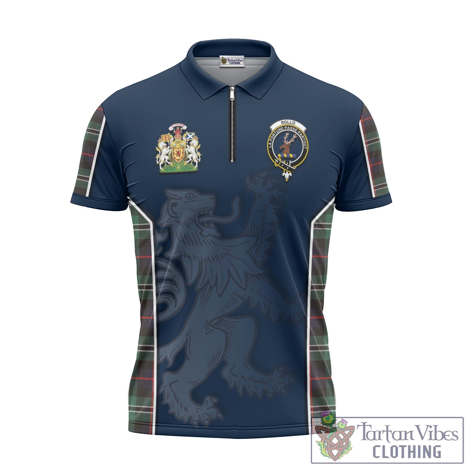 Tartan Vibes Clothing Rollo Hunting Tartan Zipper Polo Shirt with Family Crest and Lion Rampant Vibes Sport Style