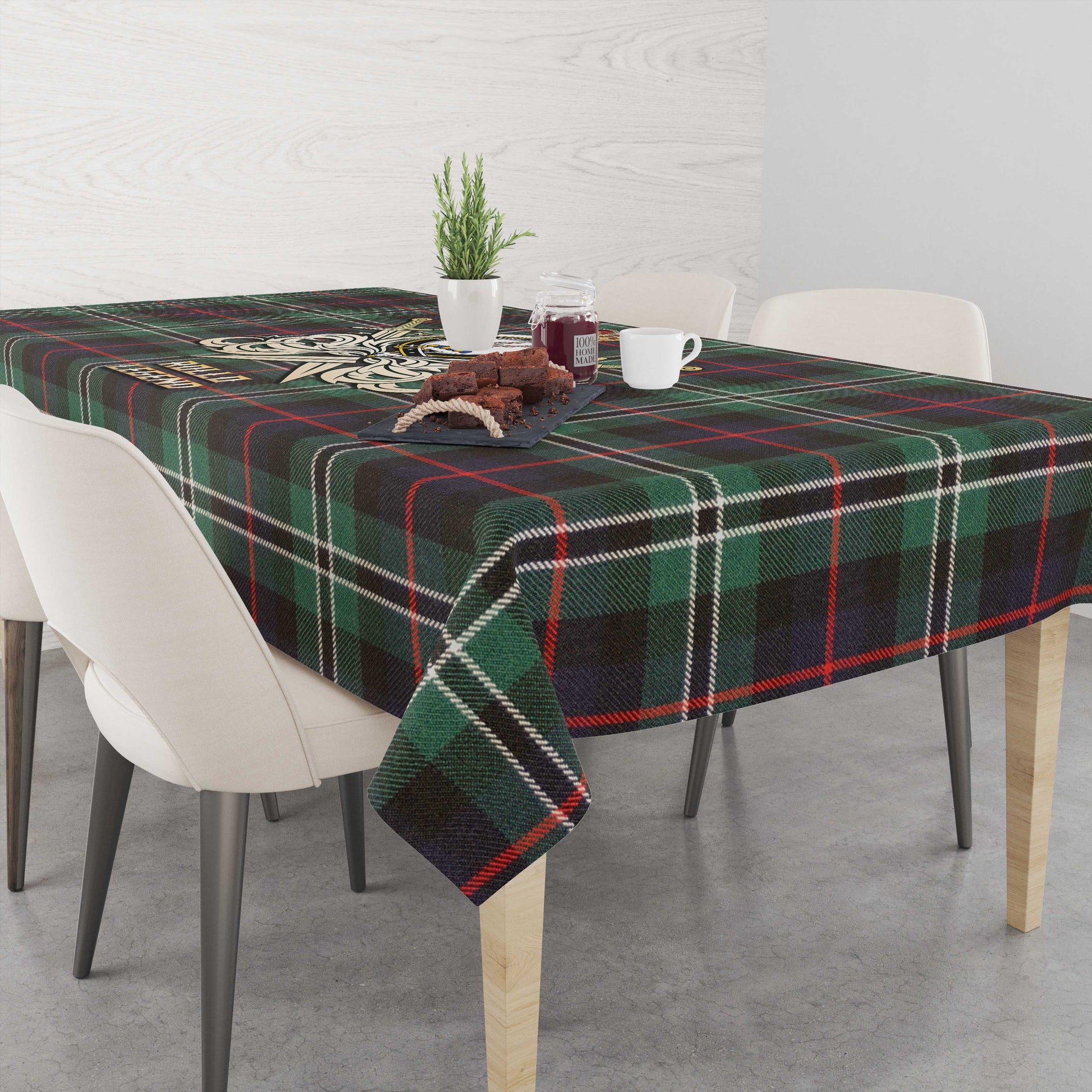 Tartan Vibes Clothing Rollo Hunting Tartan Tablecloth with Clan Crest and the Golden Sword of Courageous Legacy
