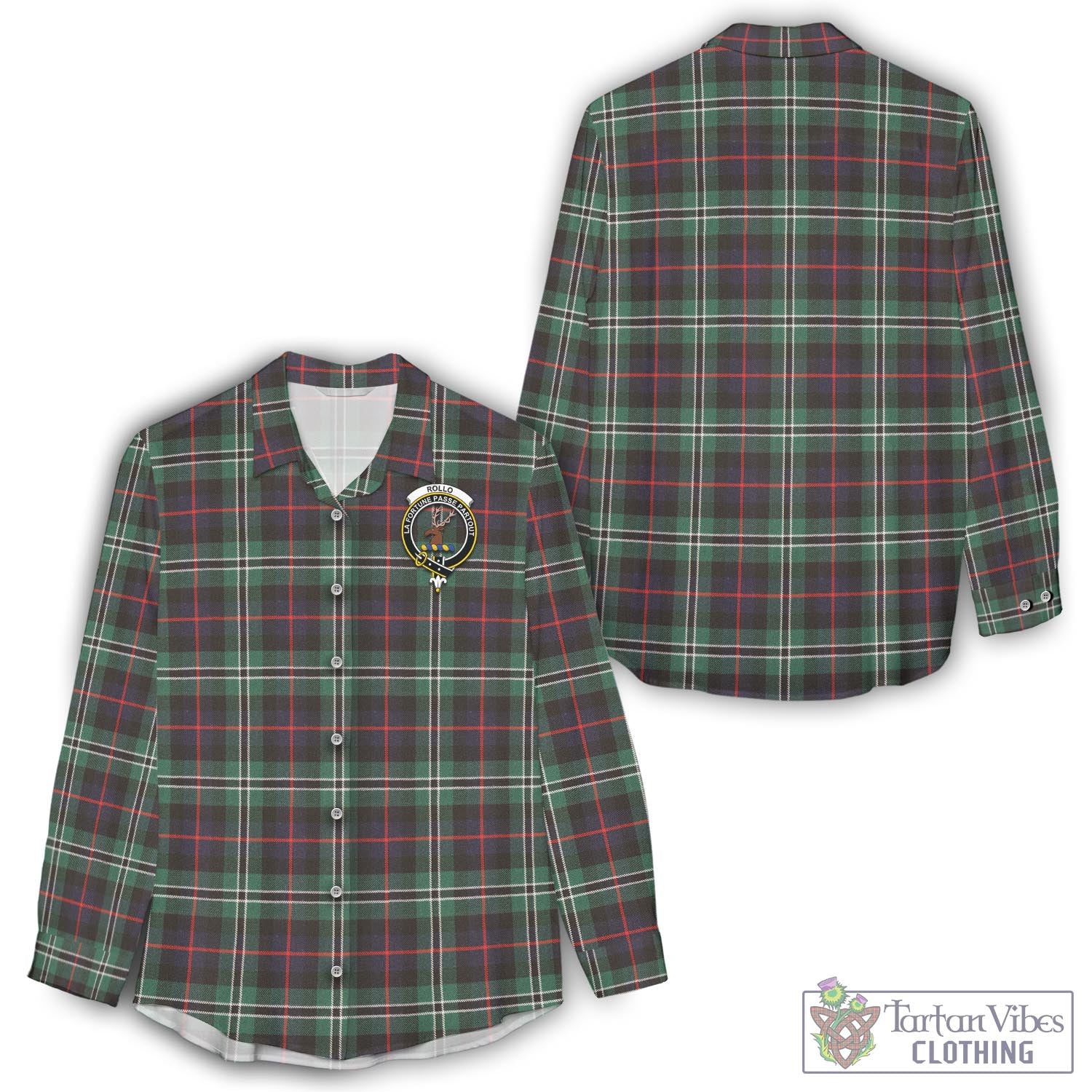 Tartan Vibes Clothing Rollo Hunting Tartan Womens Casual Shirt with Family Crest