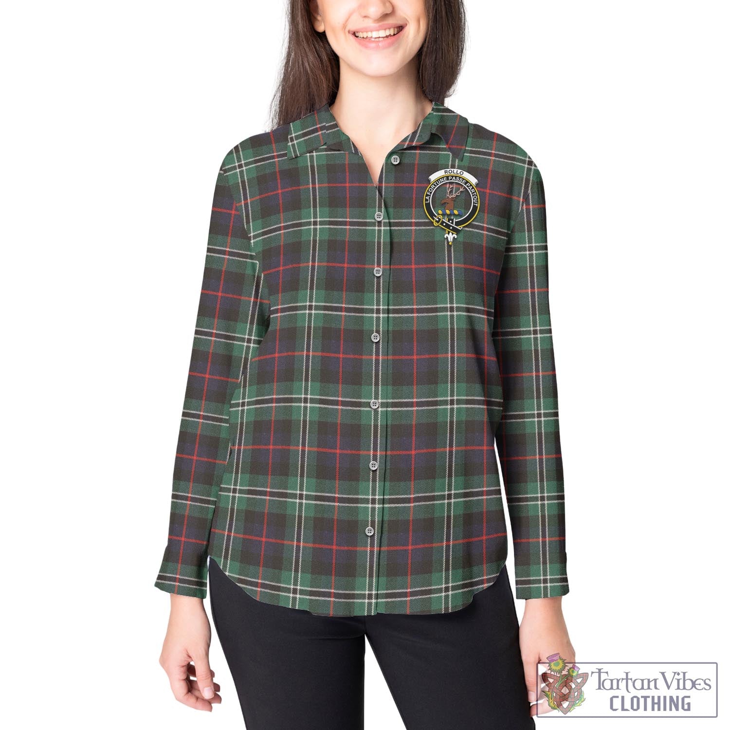 Tartan Vibes Clothing Rollo Hunting Tartan Womens Casual Shirt with Family Crest