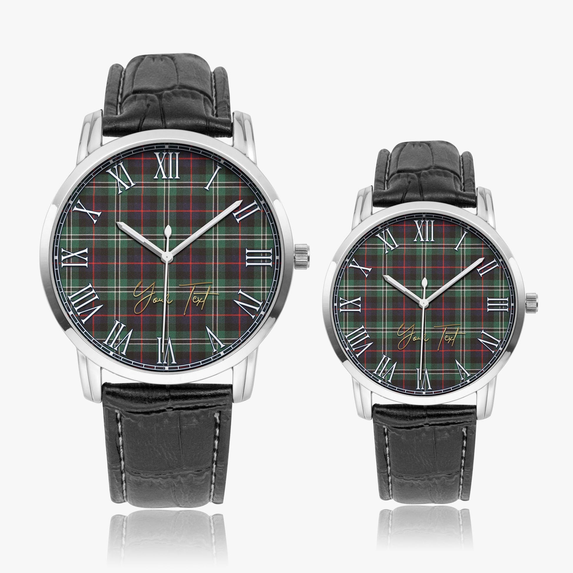 Rollo Hunting Tartan Personalized Your Text Leather Trap Quartz Watch Wide Type Silver Case With Black Leather Strap - Tartanvibesclothing