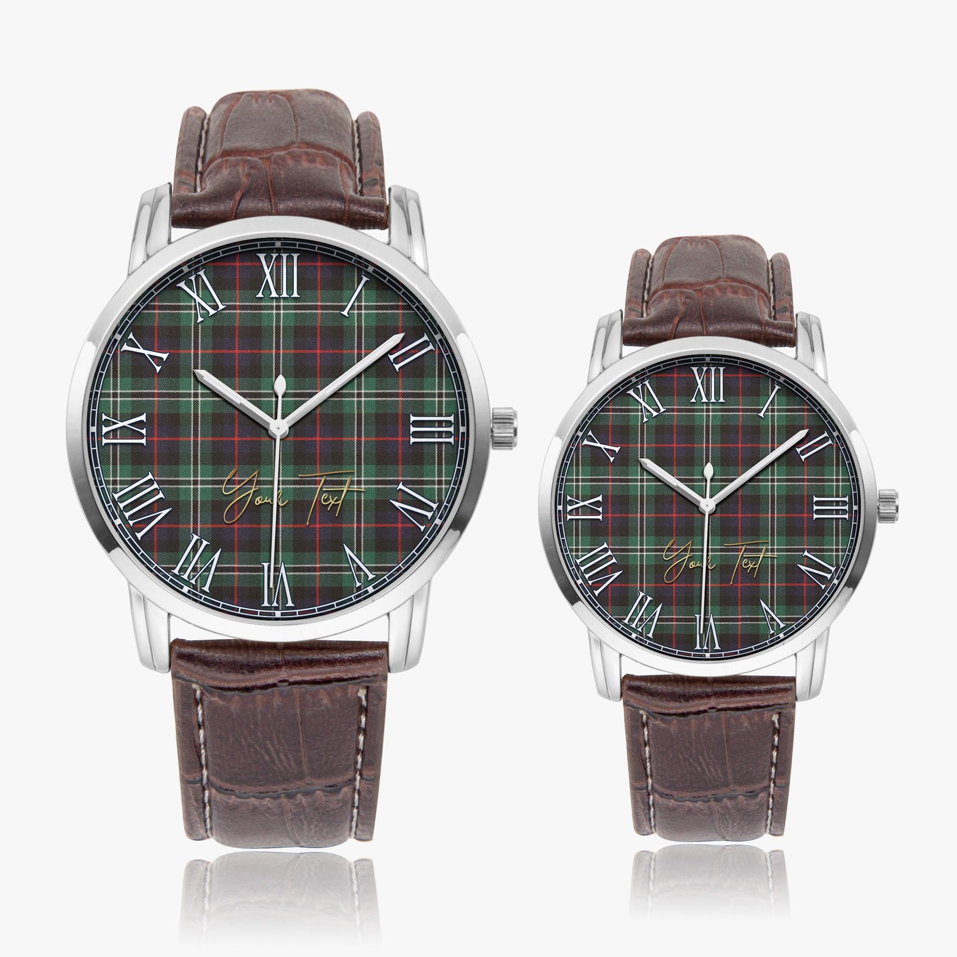 Rollo Hunting Tartan Personalized Your Text Leather Trap Quartz Watch Wide Type Silver Case With Brown Leather Strap - Tartanvibesclothing