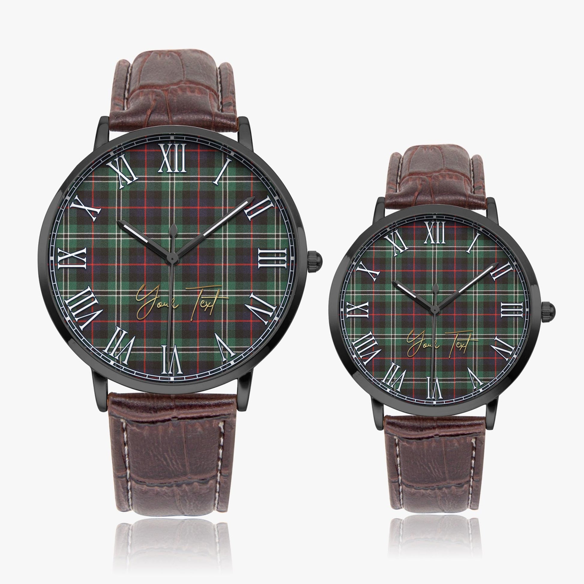 Rollo Hunting Tartan Personalized Your Text Leather Trap Quartz Watch Ultra Thin Black Case With Brown Leather Strap - Tartanvibesclothing