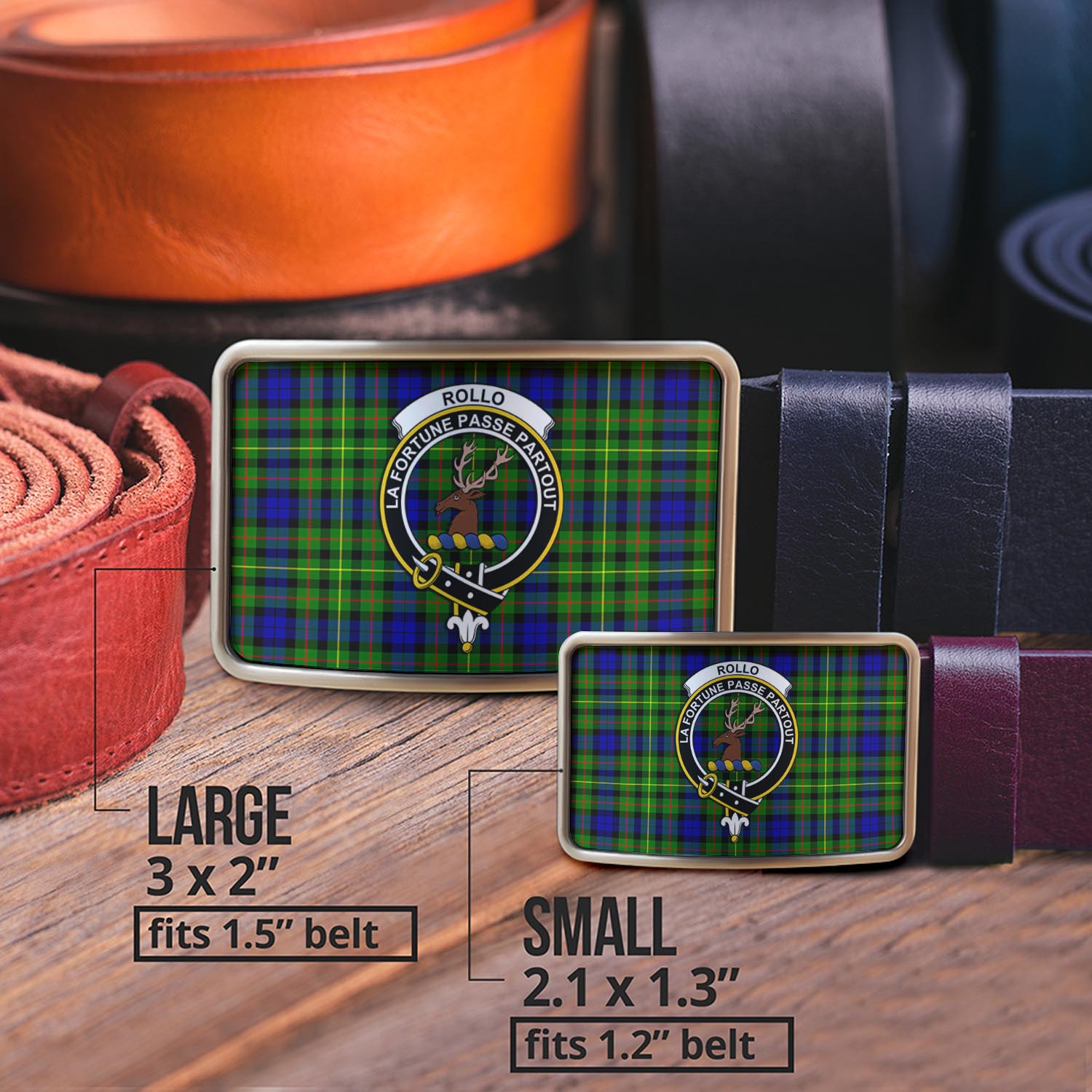 Rollo Modern Tartan Belt Buckles with Family Crest - Tartanvibesclothing Shop