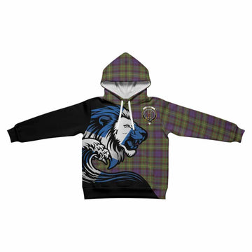 Rollo Tartan Crest Kid Hoodie Scottish Golden Lions Wave Flow