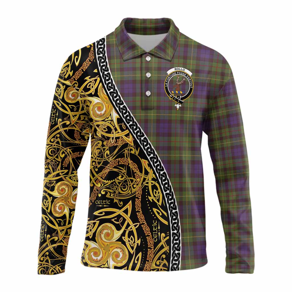 Rollo Tartan Crest Long Sleeve Polo Shirt Celtic Knot and Triple Trickle Spiral Symbols