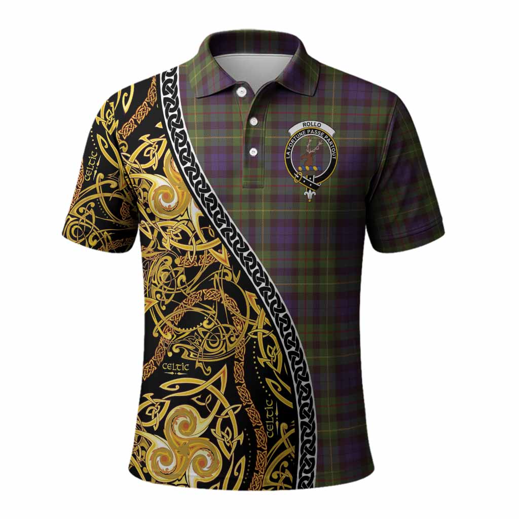 Rollo Tartan Crest Polo Shirt Celtic Knot and Triple Trickle Spiral Symbols