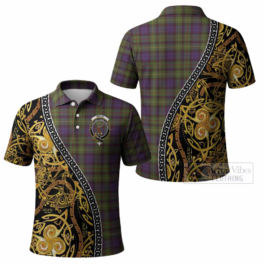 Rollo Tartan Crest Polo Shirt Celtic Knot and Triple Trickle Spiral Symbols