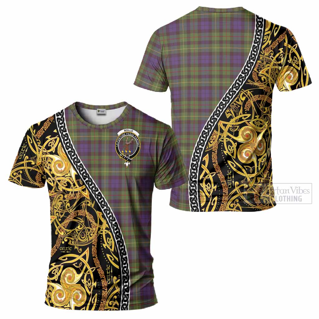 Rollo Tartan Crest T-Shirt Celtic Knot and Triple Trickle Spiral Symbols