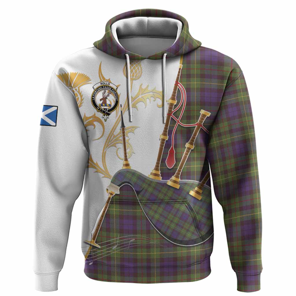 Rollo Tartan Family Crest Hoodie Bagpipes with Scottish Thistle