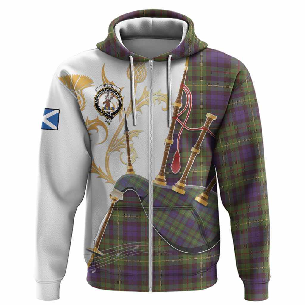 Rollo Tartan Family Crest Hoodie Bagpipes with Scottish Thistle