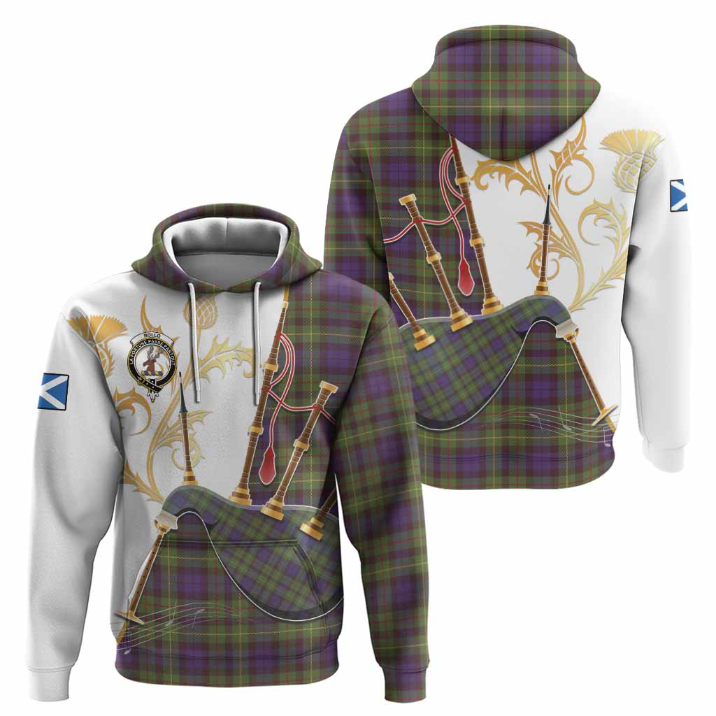 Rollo Tartan Family Crest Hoodie Bagpipes with Scottish Thistle