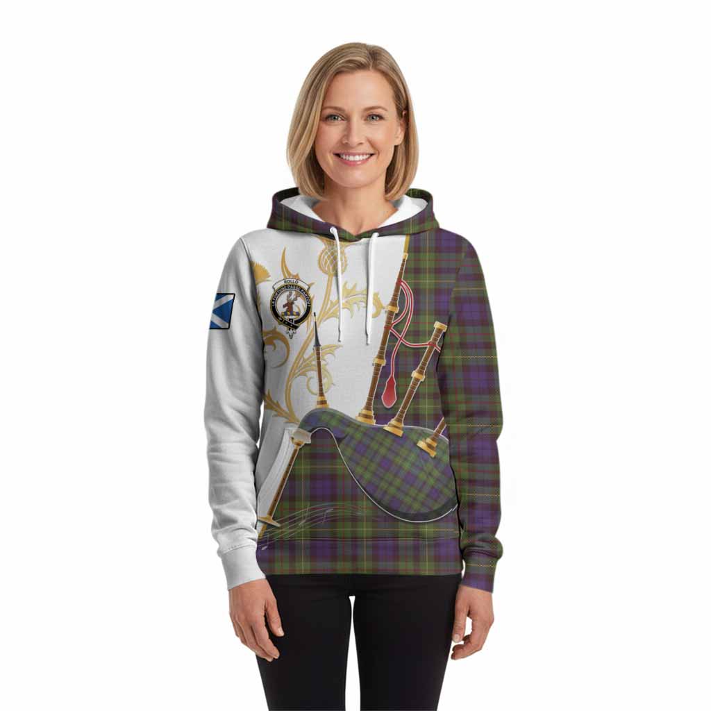 Rollo Tartan Family Crest Hoodie Bagpipes with Scottish Thistle
