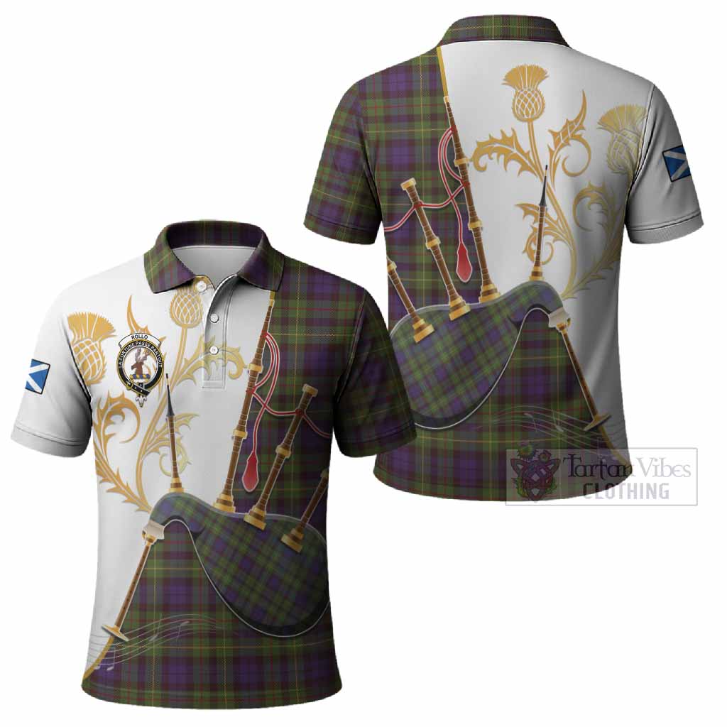 Rollo Tartan Family Crest Polo Shirt Bagpipes with Scottish Thistle