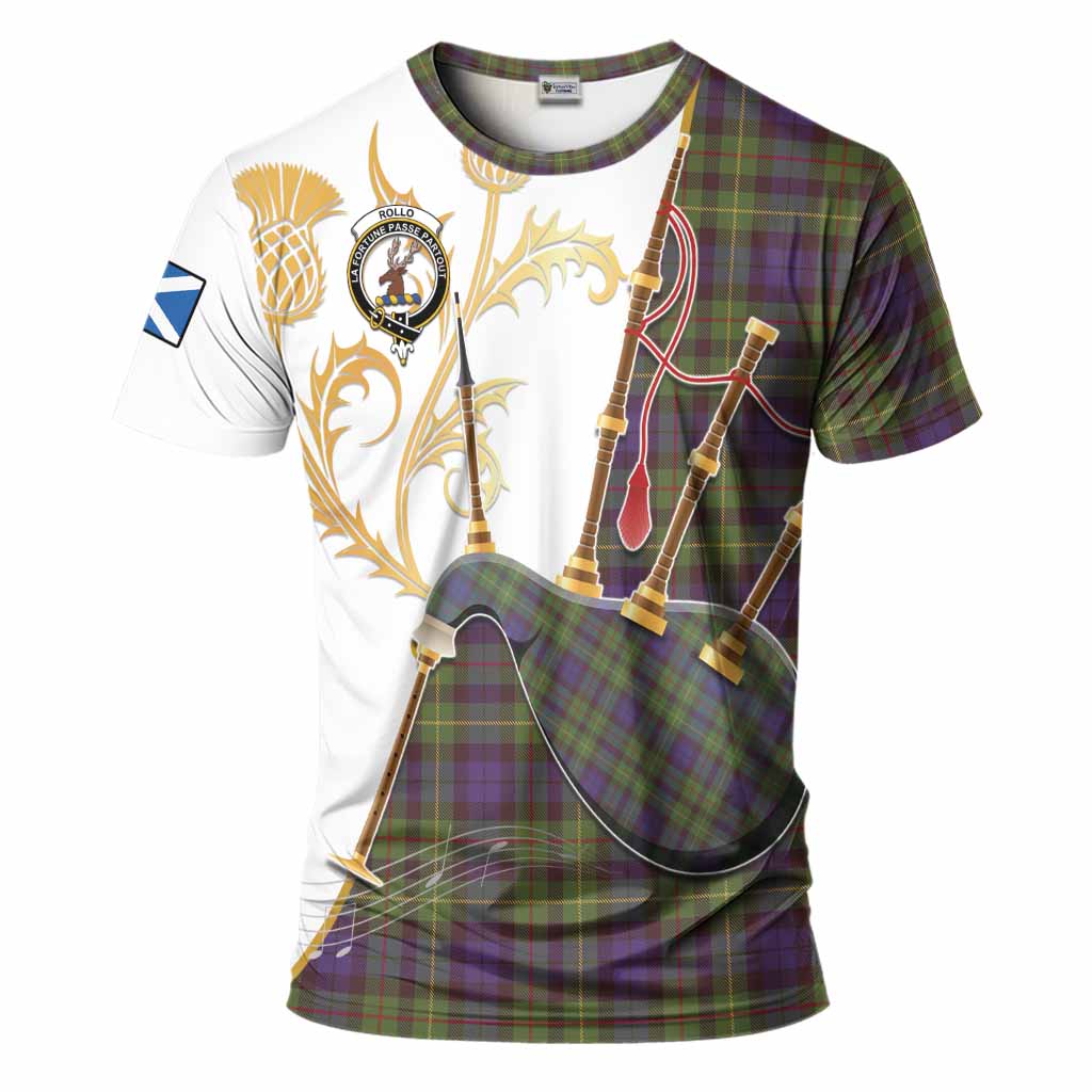Rollo Tartan Family Crest T-Shirt Bagpipes with Scottish Thistle