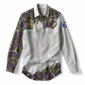 Rollo Tartan Women Casual Shirt with Family Crest and Lion Rampant Grunge Style