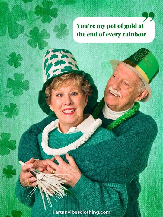 Elderly couple in green celebrating St. Patrick’s Day love