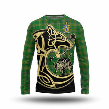 Roney Irish Tartan Long Sleeve T-Shirt with Coat of Arms Celtic Wolf Style