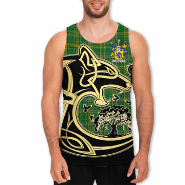 Roney Irish Tartan Men's Tank Top with Coat of Arms Celtic Wolf Style