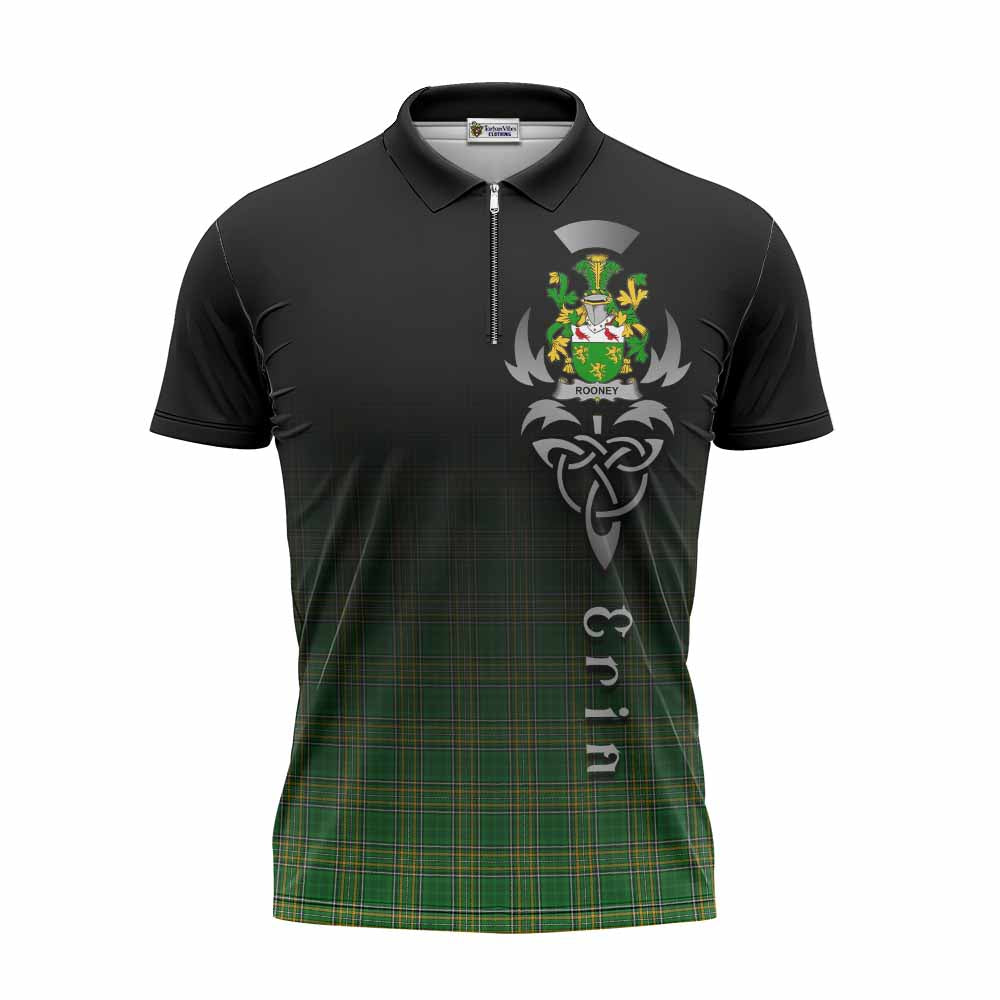 Tartan Vibes Clothing Rooney Irish Clan Zipper Polo Shirt with Coat of Arms Erin Go Bragh Celtic Inspired