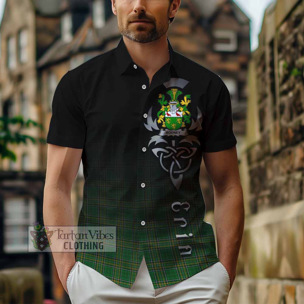 Tartan Vibes Clothing Rooney Irish Clan Short Sleeve Button Shirt with Coat of Arms Erin Go Bragh Celtic Inspired