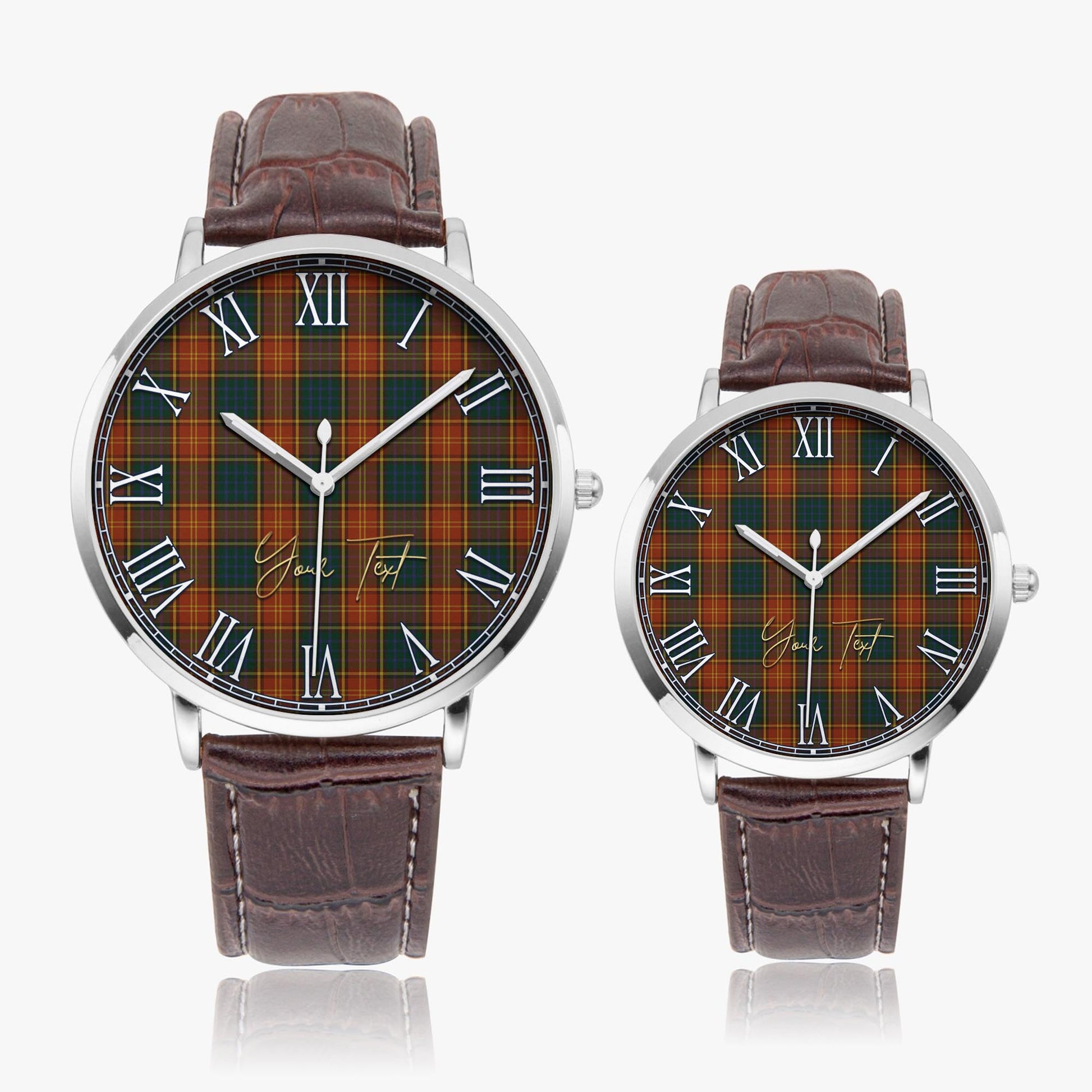 Roscommon County Ireland Tartan Personalized Your Text Leather Trap Quartz Watch Ultra Thin Silver Case With Brown Leather Strap - Tartanvibesclothing