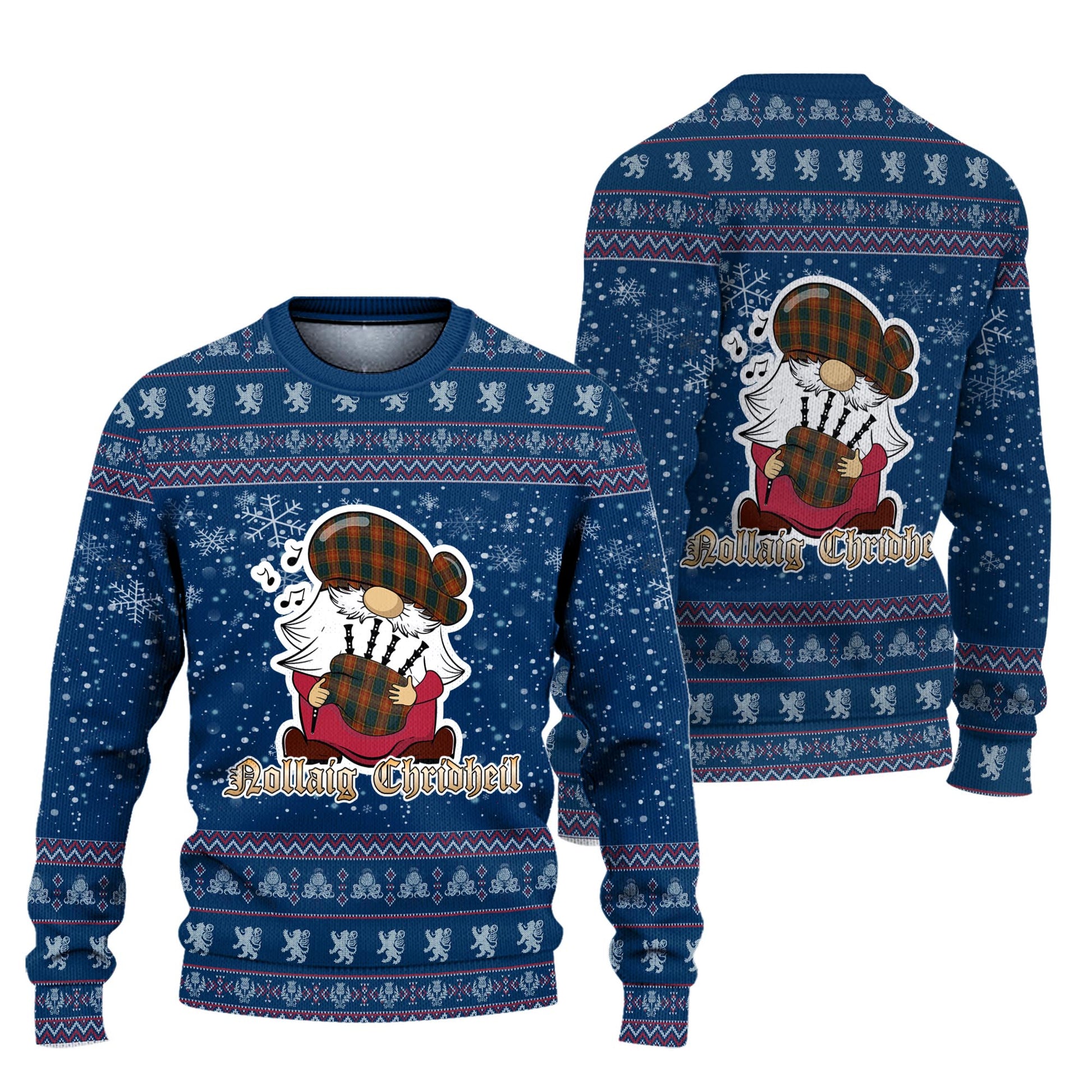 Roscommon County Ireland Clan Christmas Family Knitted Sweater with Funny Gnome Playing Bagpipes Unisex Blue - Tartanvibesclothing