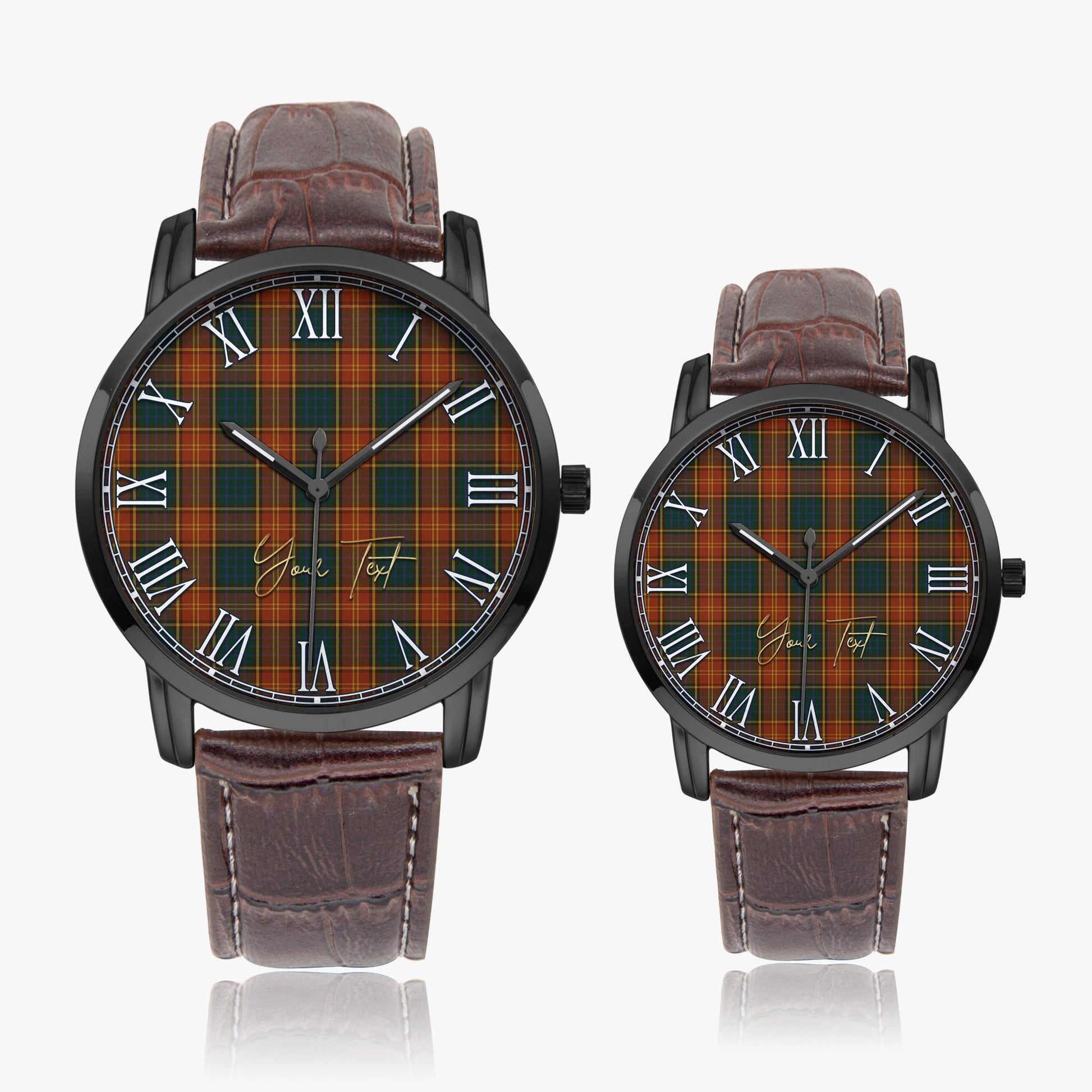 Roscommon County Ireland Tartan Personalized Your Text Leather Trap Quartz Watch Wide Type Black Case With Brown Leather Strap - Tartanvibesclothing