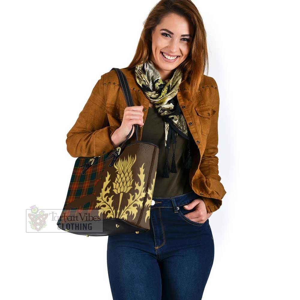 Roscommon County Ireland Tartan Leather Tote Bag Gold Thistle Style - Tartan Vibes Clothing