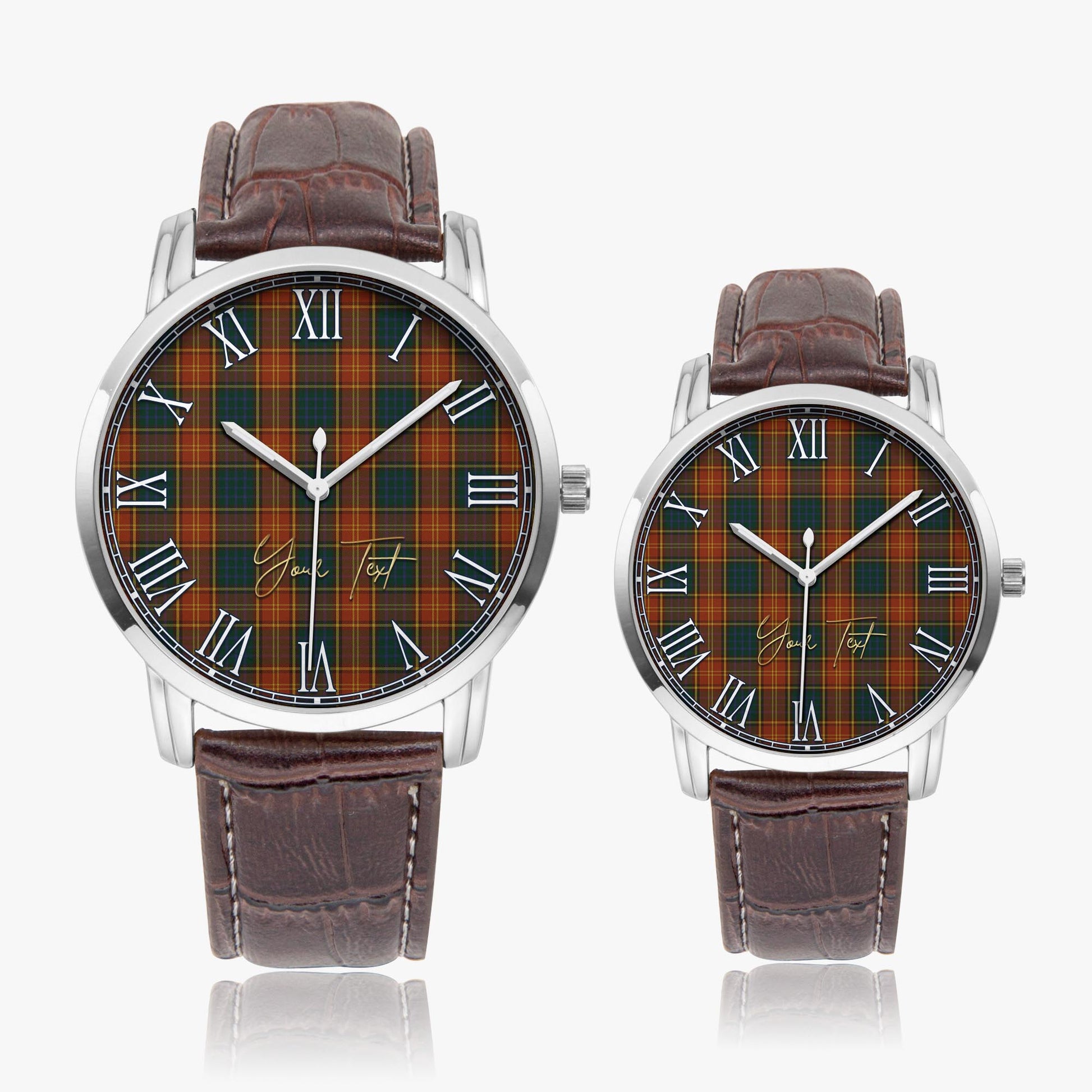 Roscommon County Ireland Tartan Personalized Your Text Leather Trap Quartz Watch Wide Type Silver Case With Brown Leather Strap - Tartanvibesclothing