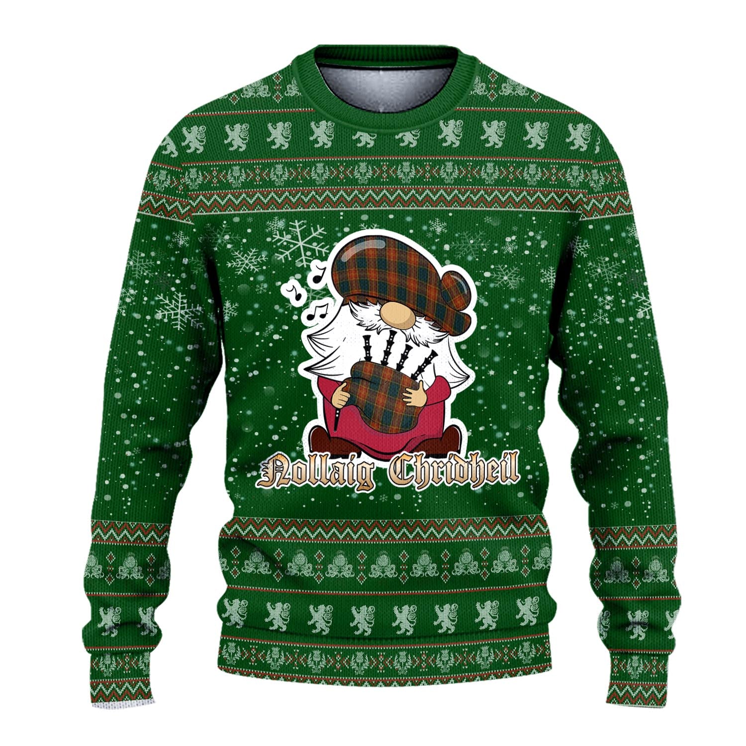 Roscommon County Ireland Clan Christmas Family Knitted Sweater with Funny Gnome Playing Bagpipes - Tartanvibesclothing