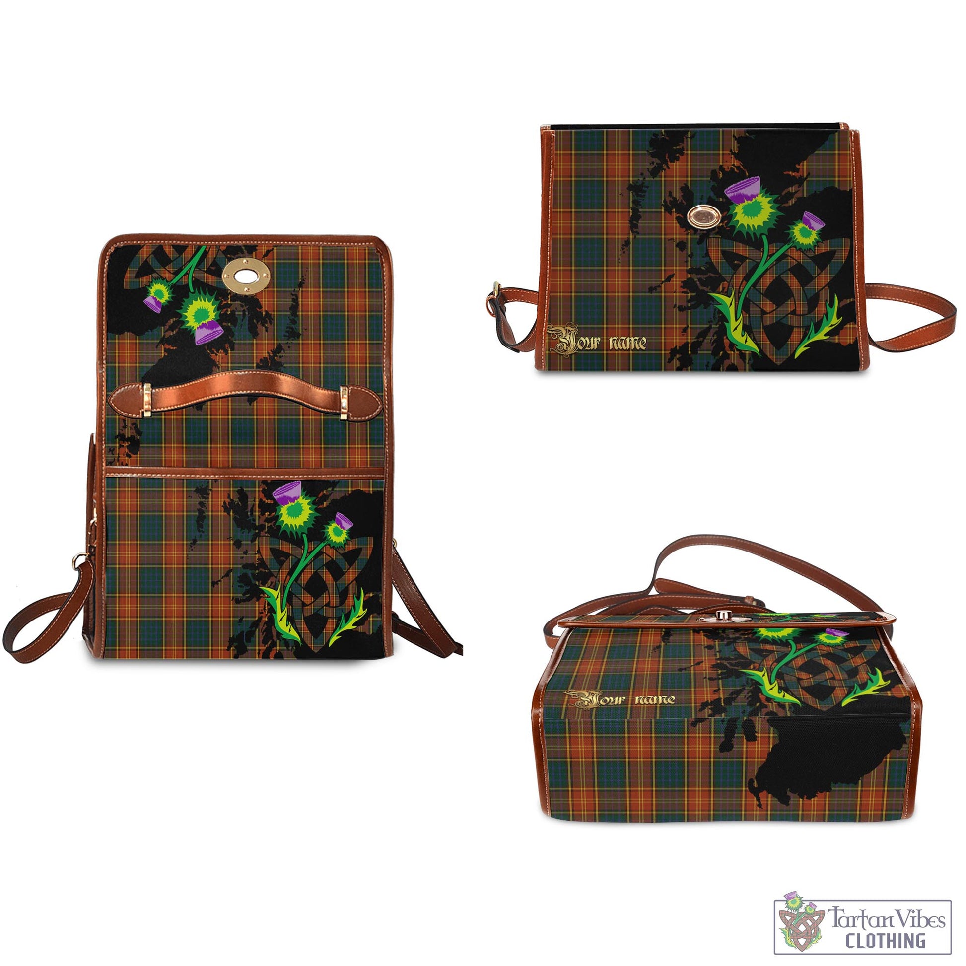 Tartan Vibes Clothing Roscommon County Ireland Tartan Waterproof Canvas Bag with Scotland Map and Thistle Celtic Accents