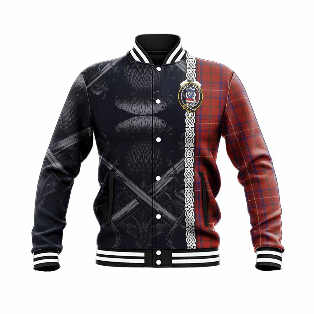 Tartan Vibes Clothing Rose Tartan Baseball Jacket with Family Crest Cross Sword Thistle Celtic Vibes