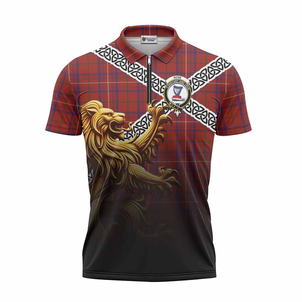 Tartan Vibes Clothing Rose Crest Tartan Zipper Polo Shirt with Golden Lion Emblem Celtic Style