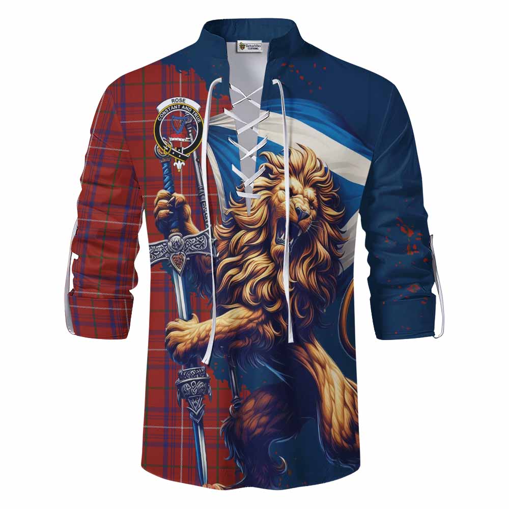Tartan Vibes Clothing Rose Tartan Family Crest Ghillie Kilt Shirt with Scottish Majestic Lion