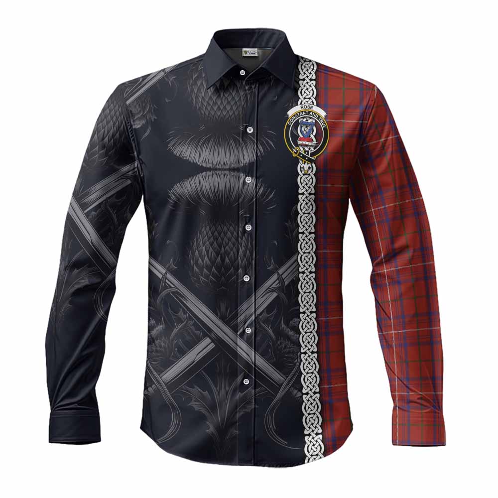 Tartan Vibes Clothing Rose Tartan Long Sleeve Button Shirt with Family Crest Cross Sword Thistle Celtic Vibes