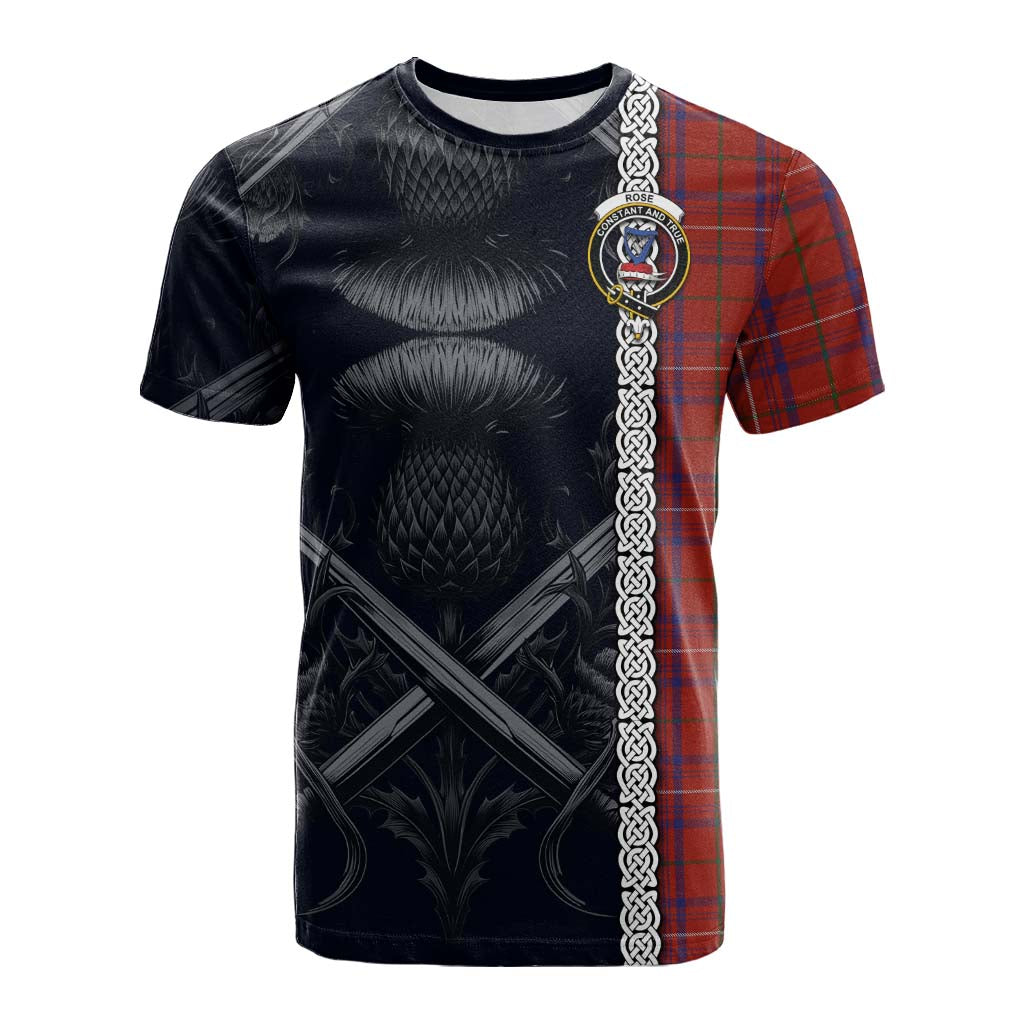 Tartan Vibes Clothing Rose Tartan Cotton T-shirt with Family Crest Cross Sword Thistle Celtic Vibes