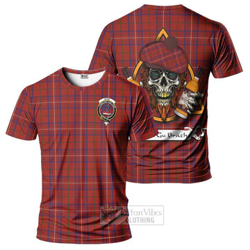 Tartan Vibes Clothing Rose Tartan T-Shirt with Family Crest and Bearded Skull Holding Bottles of Whiskey