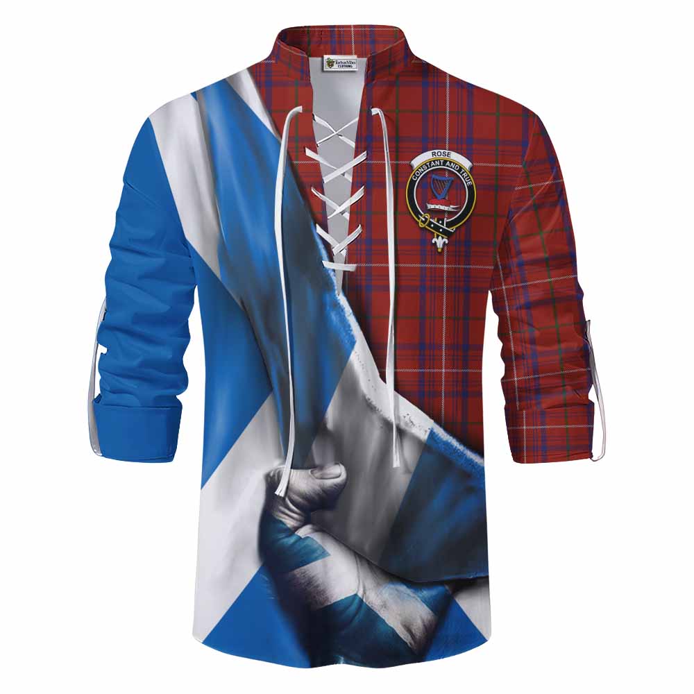 Tartan Vibes Clothing Rose Tartan Ghillie Kilt Shirt with Family Crest Scotland Patriotic Style