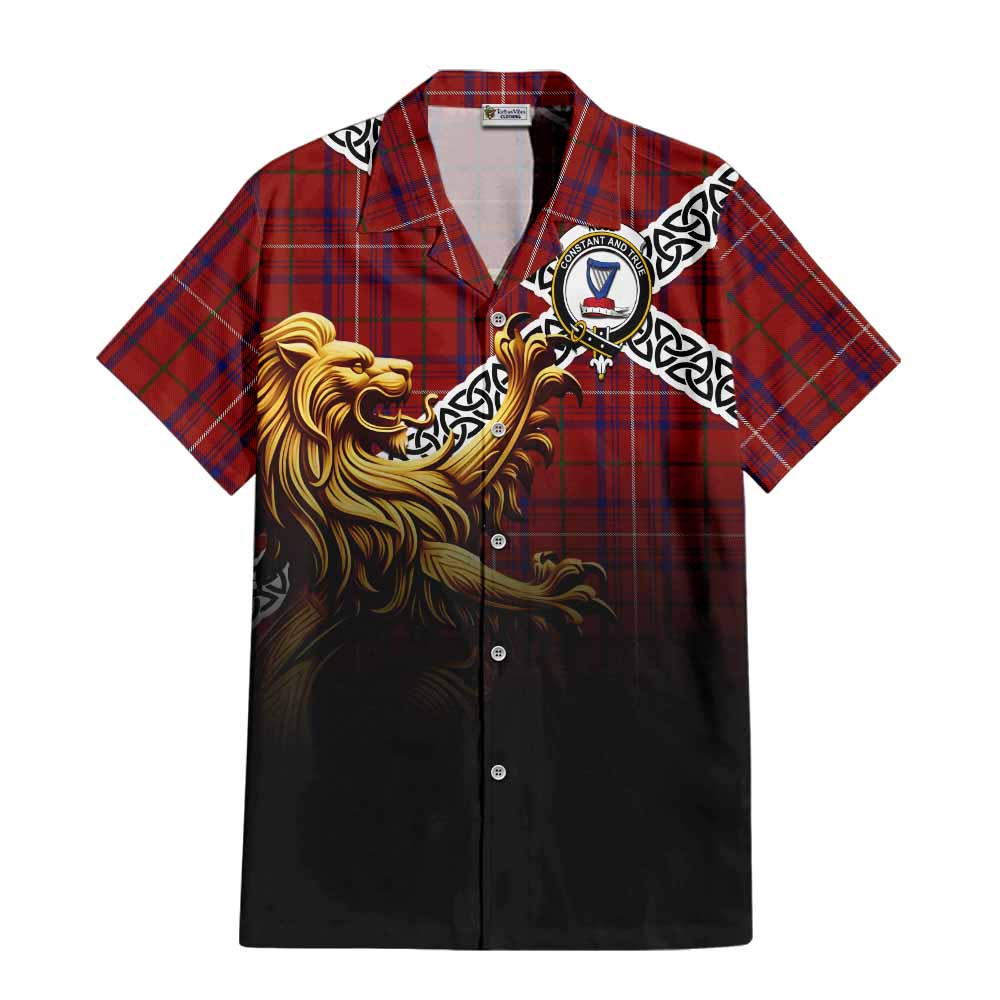 Tartan Vibes Clothing Rose Crest Tartan Short Sleeve Button Shirt with Golden Lion Emblem Celtic Style