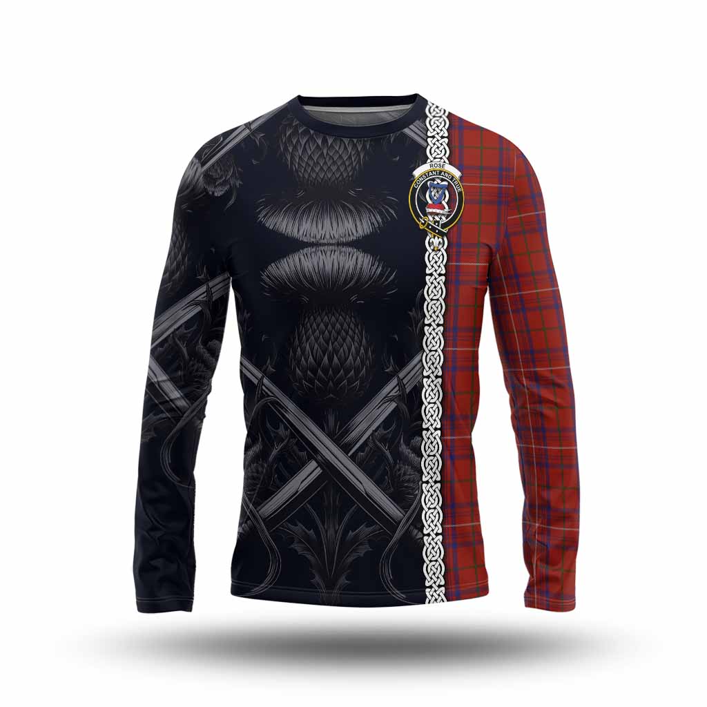 Tartan Vibes Clothing Rose Tartan Long Sleeve T-Shirt with Family Crest Cross Sword Thistle Celtic Vibes