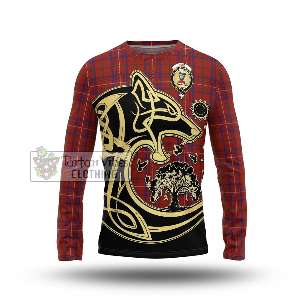 Rose Tartan Long Sleeve T-Shirt with Family Crest Celtic Wolf Style Unisex - Tartan Vibes Clothing
