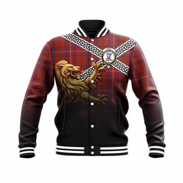 Rose Crest Tartan Baseball Jacket with Golden Lion Emblem Celtic Style