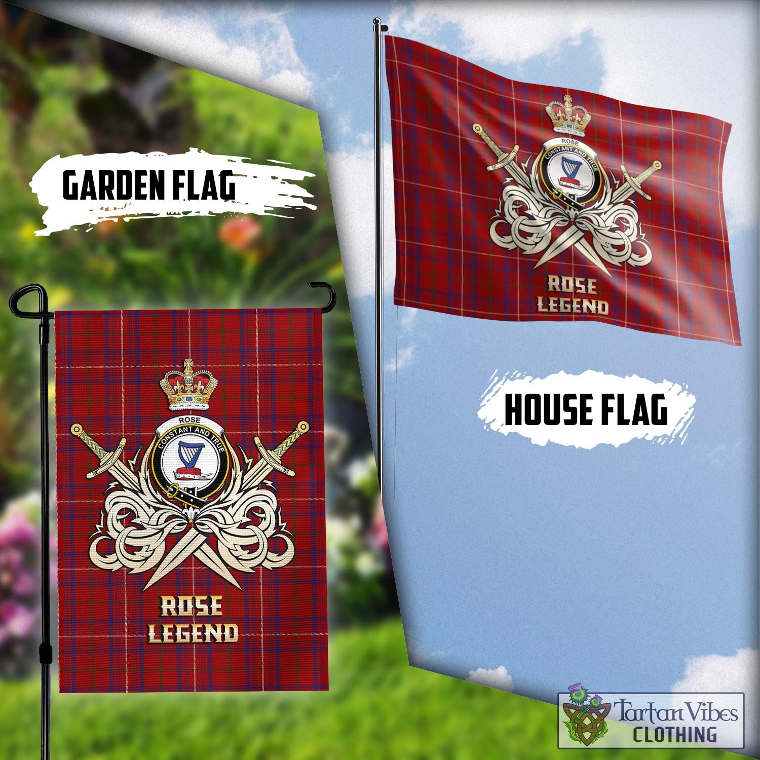 Tartan Vibes Clothing Rose Tartan Flag with Clan Crest and the Golden Sword of Courageous Legacy