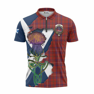 Rose Tartan Family Crest Zipper Polo Shirt Scottish Thistle Celtic Inspired
