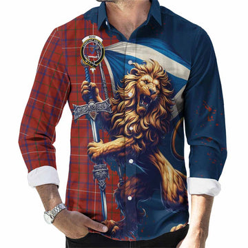 Rose Tartan Family Crest Long Sleeve Button Shirt with Scottish Majestic Lion